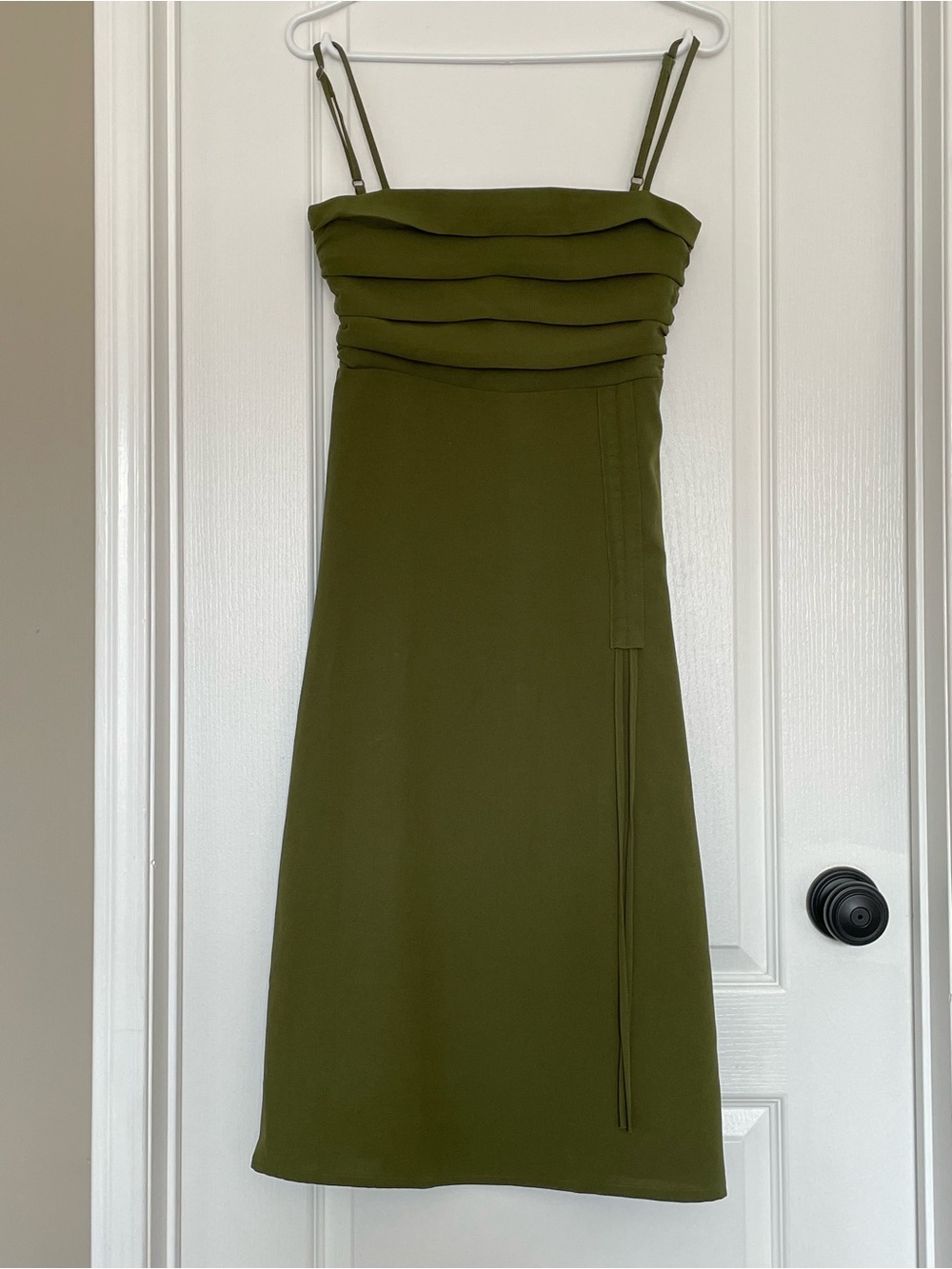 Olive Green Pleated Bodice Spaghetti Strap Dress